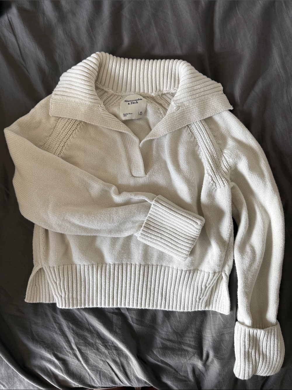 Abercrombie & Fitch Ivory Ribbed V-Neck Polo Sweater
